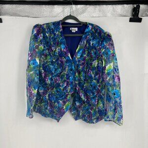 Vintage Patra Blue Floral Blazer Textured Scrunched Front